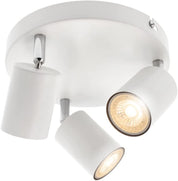 White ceiling light fixture with three adjustable lampshades on a white background