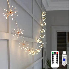 Mini Firework String Lights – 200 LED Starburst Chain Lights with Remote Control, USB Operated, 8 Modes for Indoor, Xmas Party, Home, and Garden Decoration (10in1)