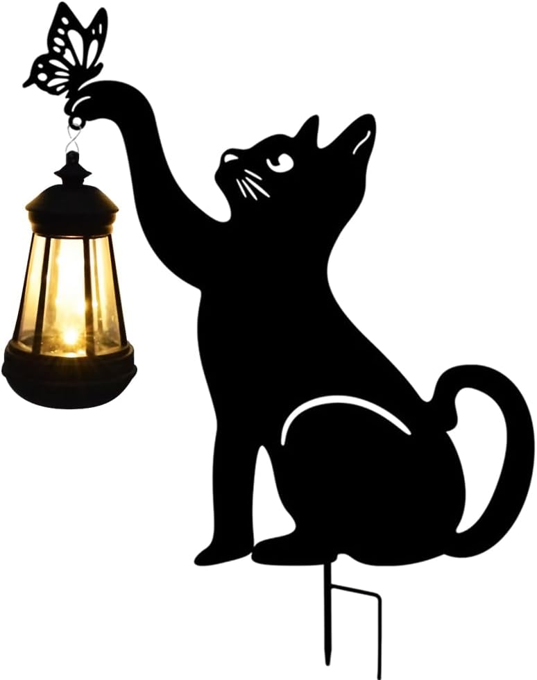 Metal Cat Garden Ornaments with Solar Lights - Outdoor Waterproof Hanging Decor for Pathway, Yard, and Landscape