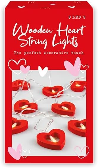 Heart Shaped LED String Lights, Red Wooden Hearts, 150cm Battery Operated Indoor Decorative Lighting