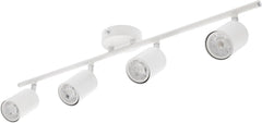 White ceiling light fixture with four spotlights on a white background