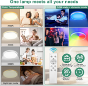 RGB LED Ceiling Light Dimmable with Remote Control, 24W/3000LM – Adjustable Color Temperature and RGB Lighting, Ideal for Bedroom, Bathroom, Living Room & Kitchen