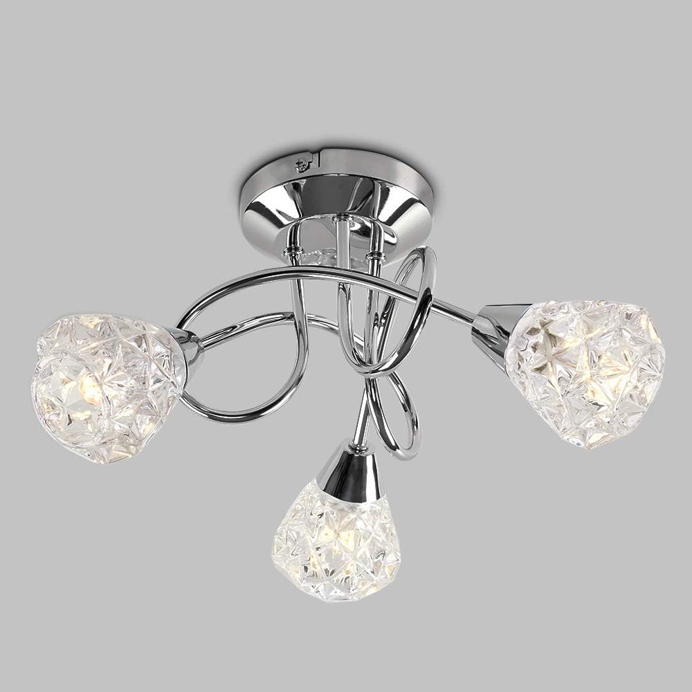 3 Way Chrome Ceiling Light with Diamond Glass Shades – Modern Pendant Fixture