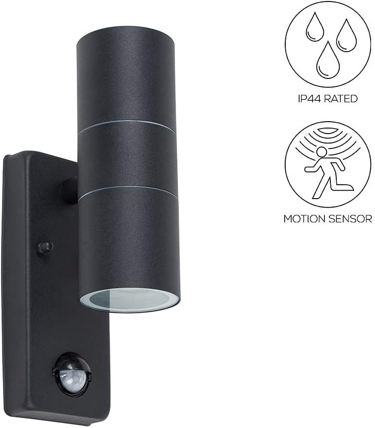 Black Round Up Down Outdoor Security Wall Light with PIR Motion Sensor - IP44 Rated - GU10 LED