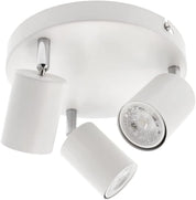 White ceiling light fixture with three adjustable spots on a white background