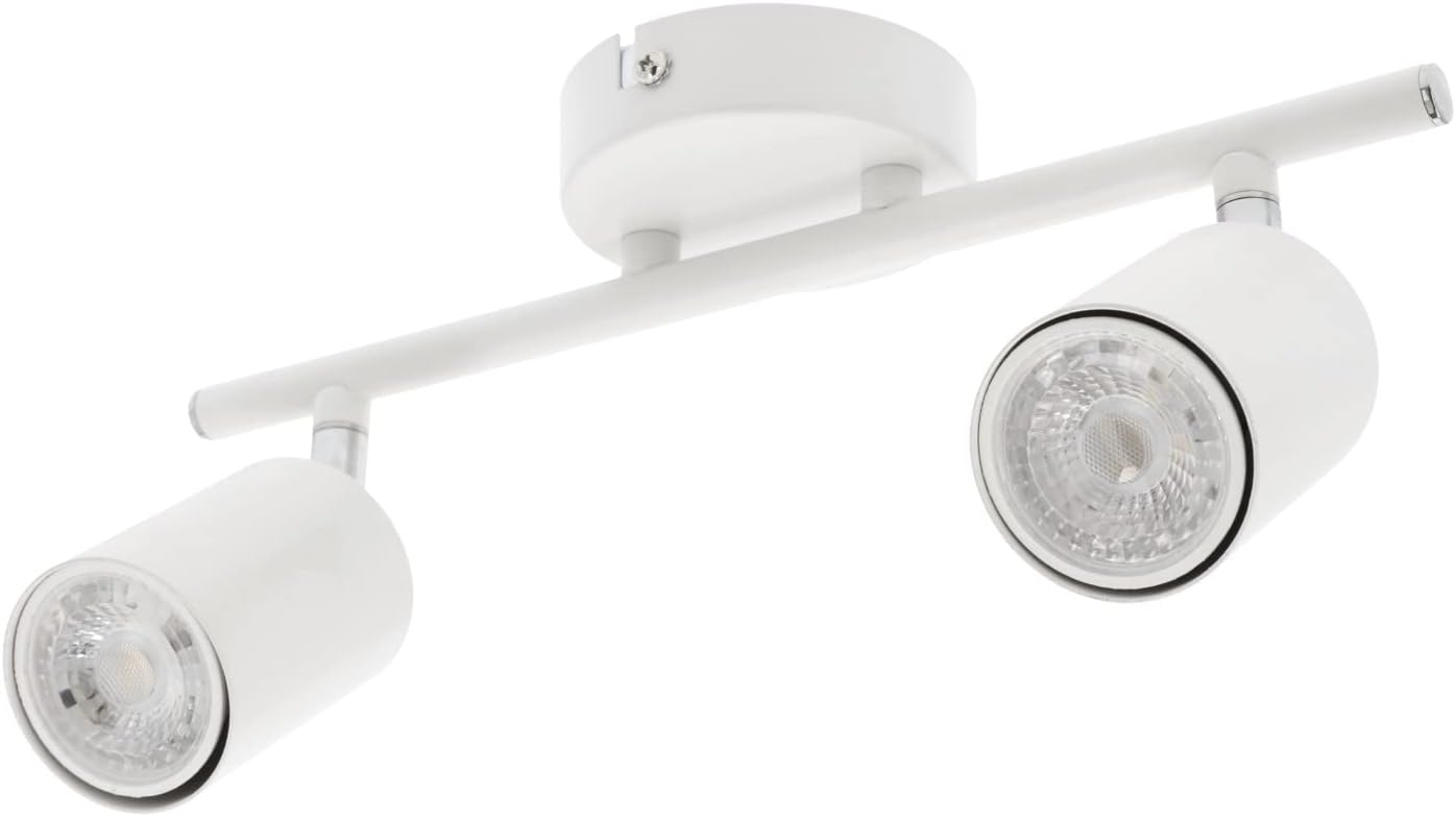 White ceiling light fixture with two cylindrical lights on a white background