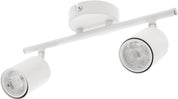 White ceiling light fixture with two cylindrical lights on a white background