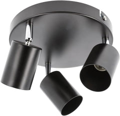 Black ceiling light fixture with three adjustable lampshades on a white background