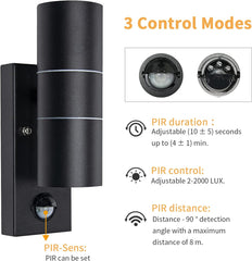 Black Round Up Down Outdoor Security Wall Light with PIR Motion Sensor - IP44 Rated - GU10 LED