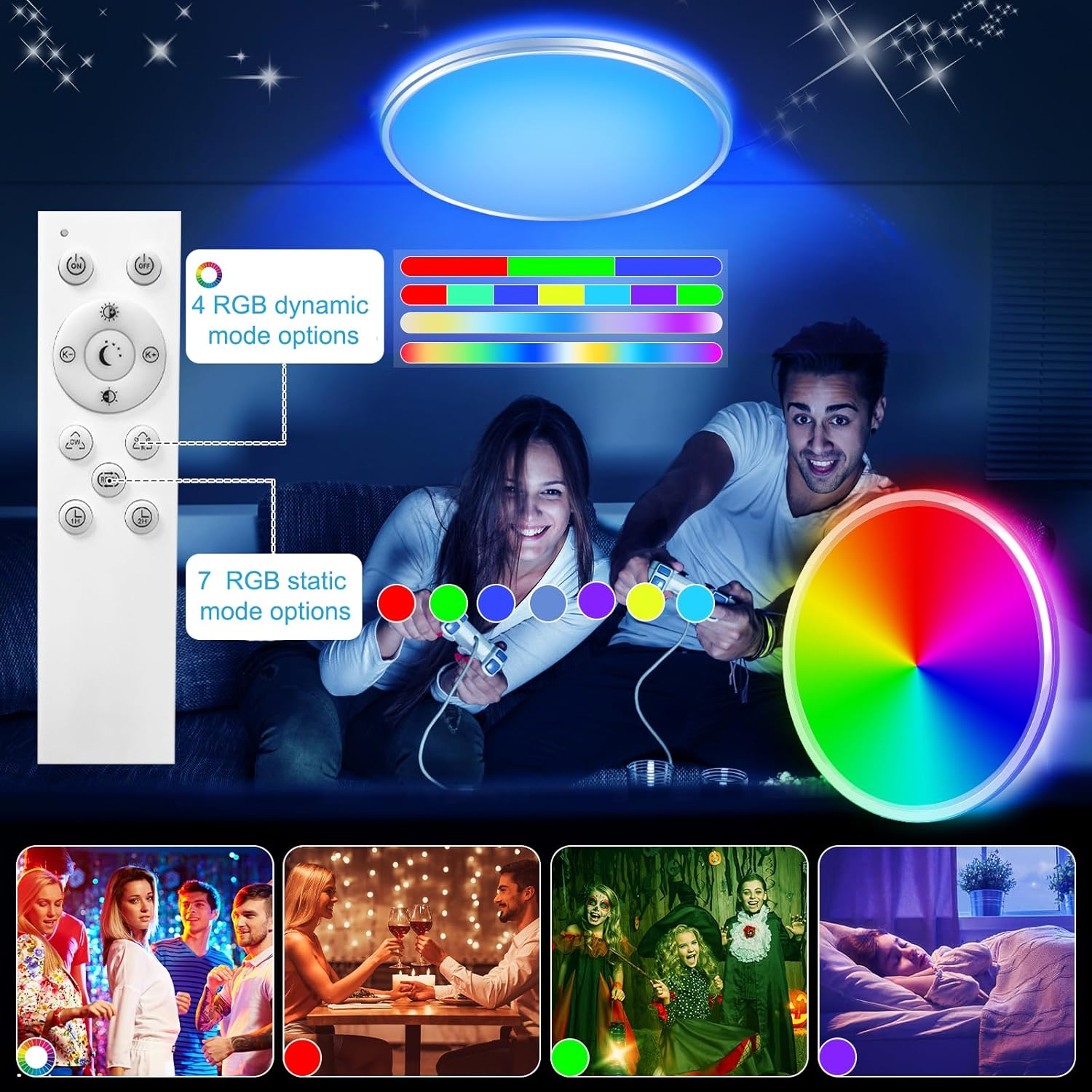 RGB LED Ceiling Light Dimmable with Remote Control, 24W/3000LM – Adjustable Color Temperature and RGB Lighting, Ideal for Bedroom, Bathroom, Living Room & Kitchen