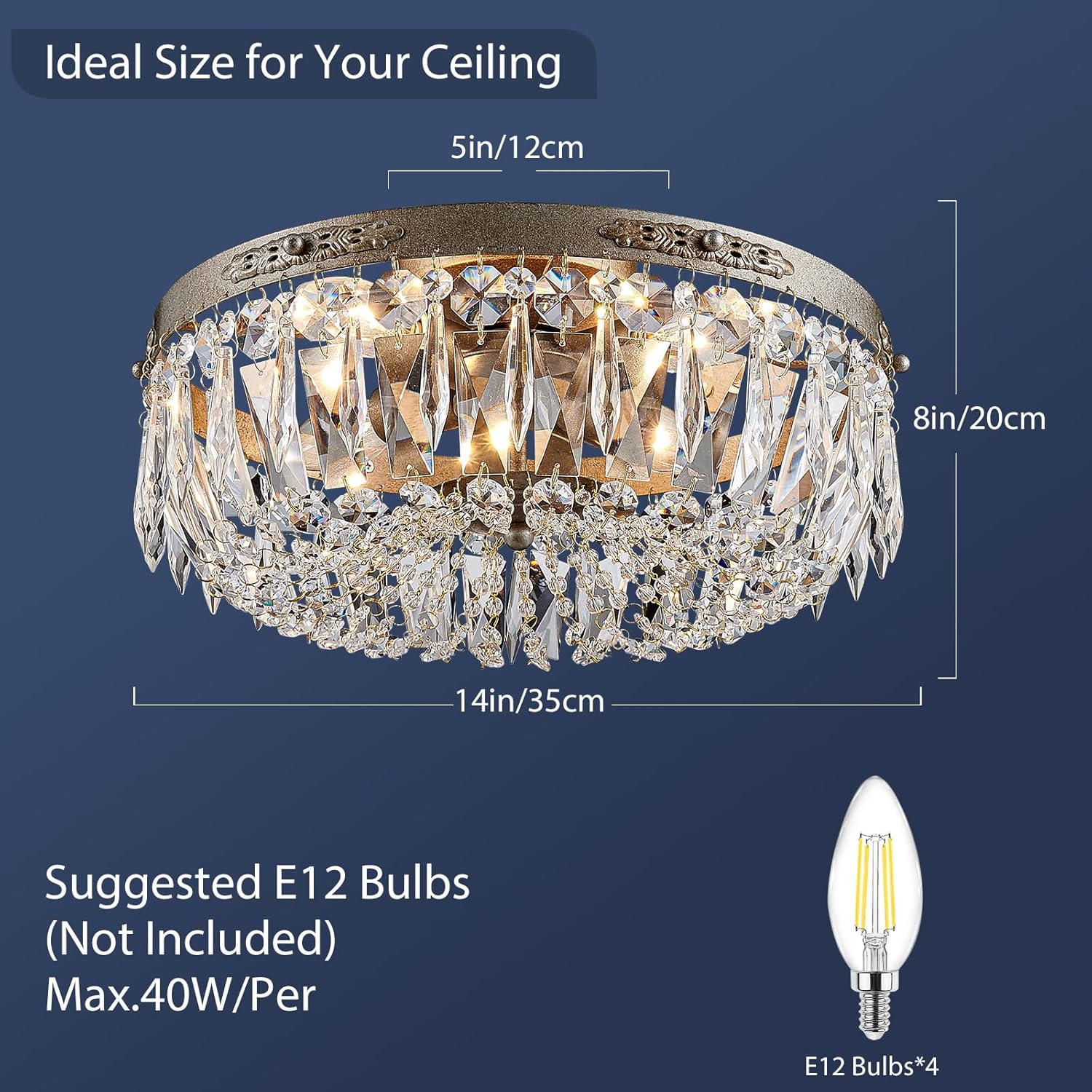 Antique Silver Crystal Semi Flush Mount Chandelier – 4-Light LED Ceiling Fixture