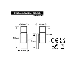 Outdoor Wall Lights, Up and Down Lamp with Motion Sensor, IP44 Black Stainless Steel Outside Lighting Mains Powered Fixtures