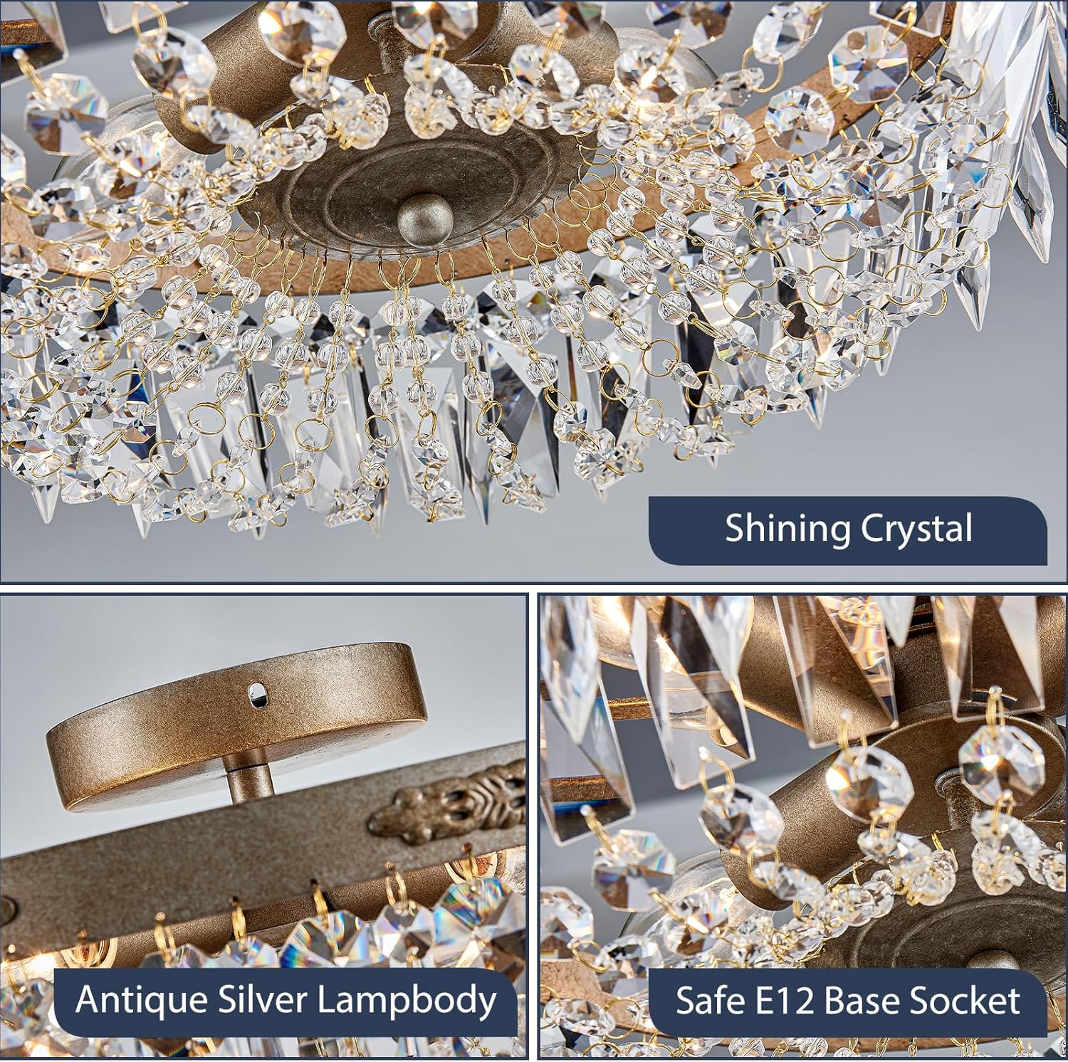Antique Silver Crystal Semi Flush Mount Chandelier – 4-Light LED Ceiling Fixture