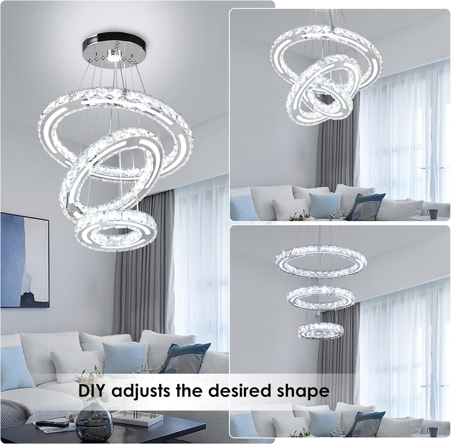 Modern Adjustable 2-Ring LED Crystal Chandelier with Remote