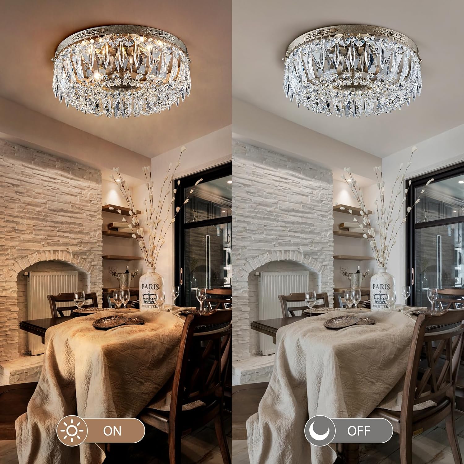 Antique Silver Crystal Semi Flush Mount Chandelier – 4-Light LED Ceiling Fixture