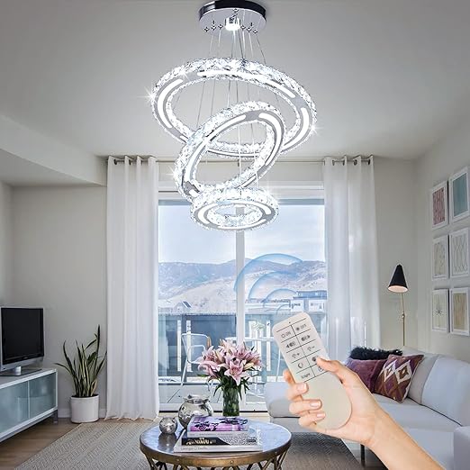 Modern Adjustable 2-Ring LED Crystal Chandelier with Remote