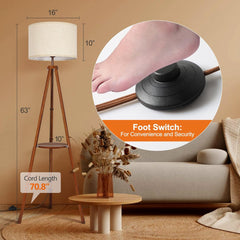 Solid Wood Tripod Floor Lamp with Remote & Shelf