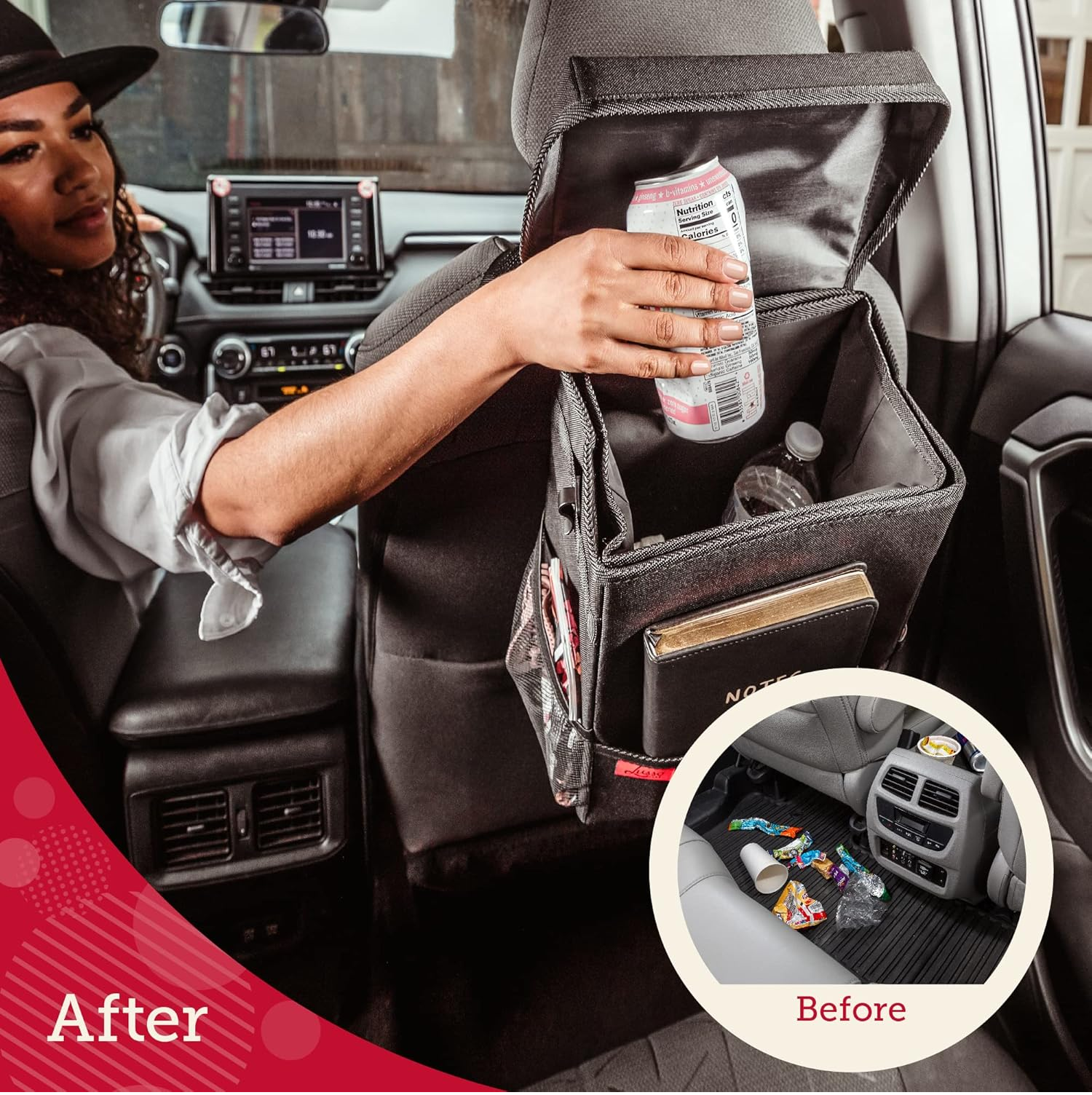 Large 9L Spill-Proof Car Trash Bin – Odor-Free Car Rubbish Can with Removable Liner & Pockets