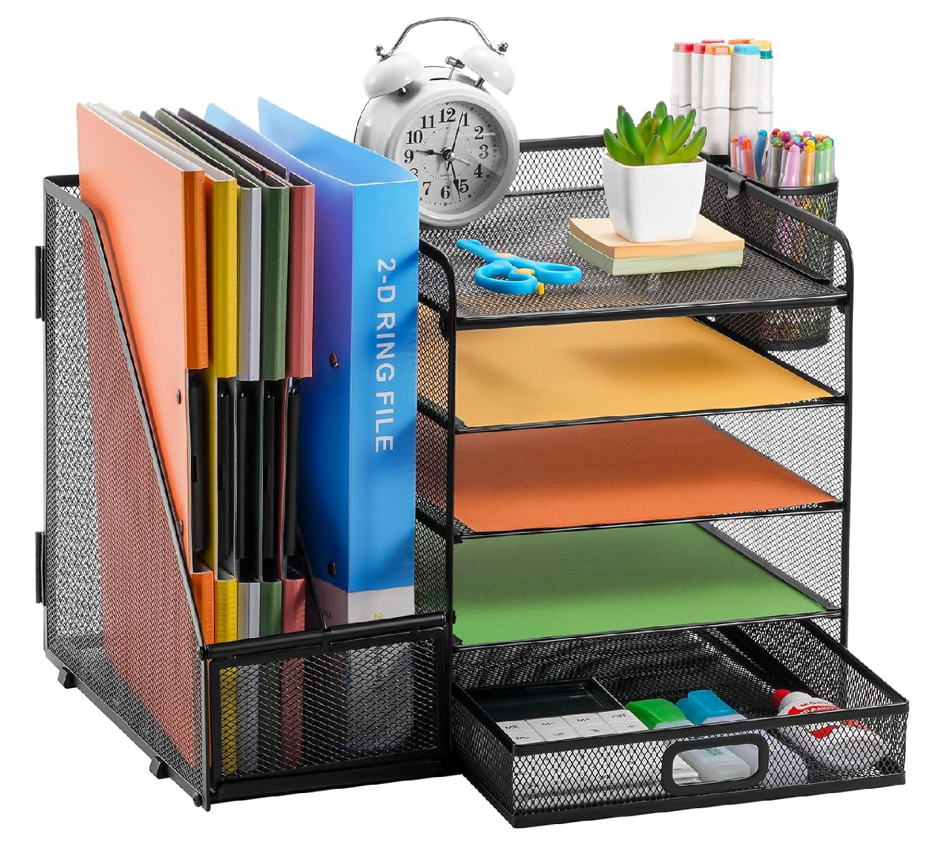 5-Tier Mesh Desk Organiser with Drawer & Pen Holders – File & Paper Tray Storage, Black