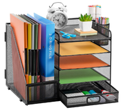 5-Tier Mesh Desk Organiser with Drawer & Pen Holders – File & Paper Tray Storage, Black