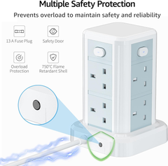 8-Way Tower Extension Lead with 6 USB Ports, 13A 3250W Multi Plug Power Strip