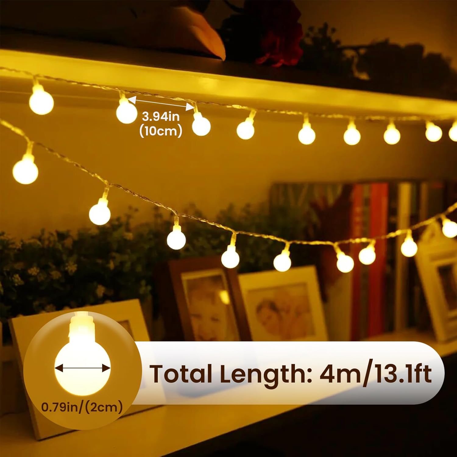 Battery Globe String Lights, 40 LEDs, 8 Modes, Waterproof