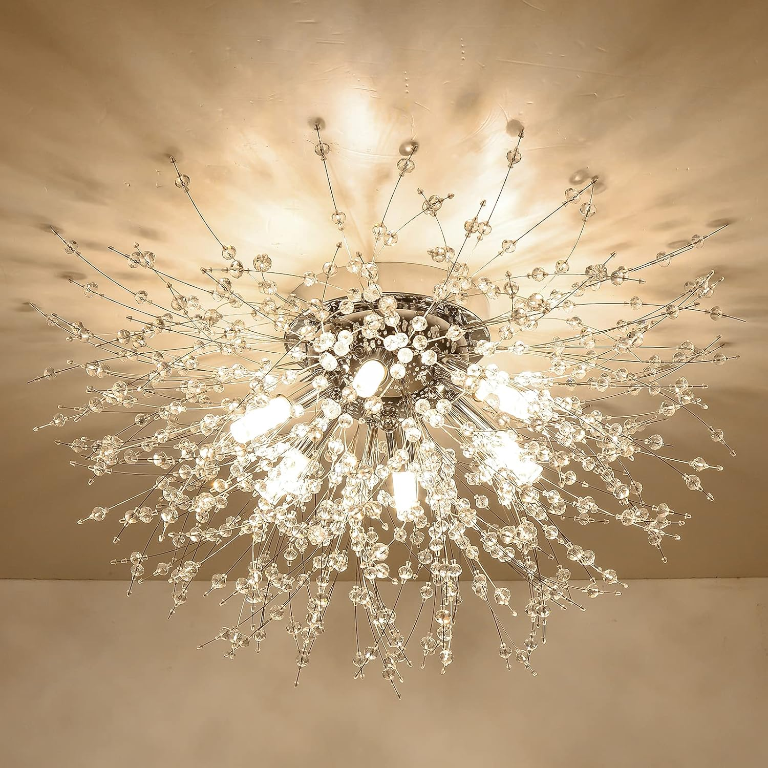 Modern Fireworks Crystal Chandelier – Flush Mount Ceiling Light with K9 Crystals and 6 G9 LEDs for Living Rooms, Bedrooms, and Hallways