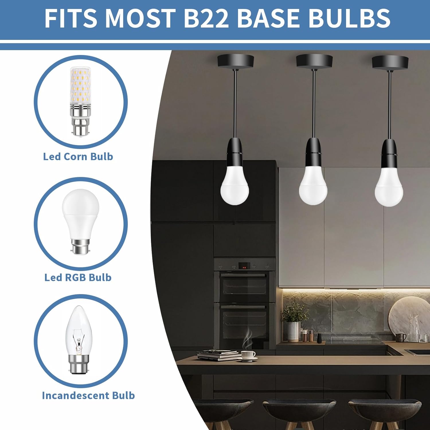 Ceiling Pendant Light Fitting, B22 Lamp Holder, 6”(150mm), Black Plastic Light Bulb Holder, Ceiling Rose for Kitchen Island Living Room Bedroom Lightings