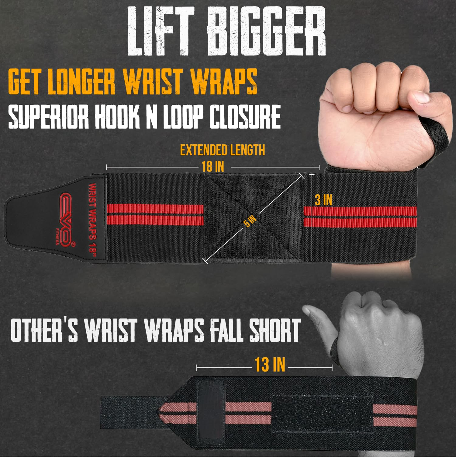 Pair of 18" Black Weight Lifting Wrist Wraps – Elastic Cotton Gym Support Straps