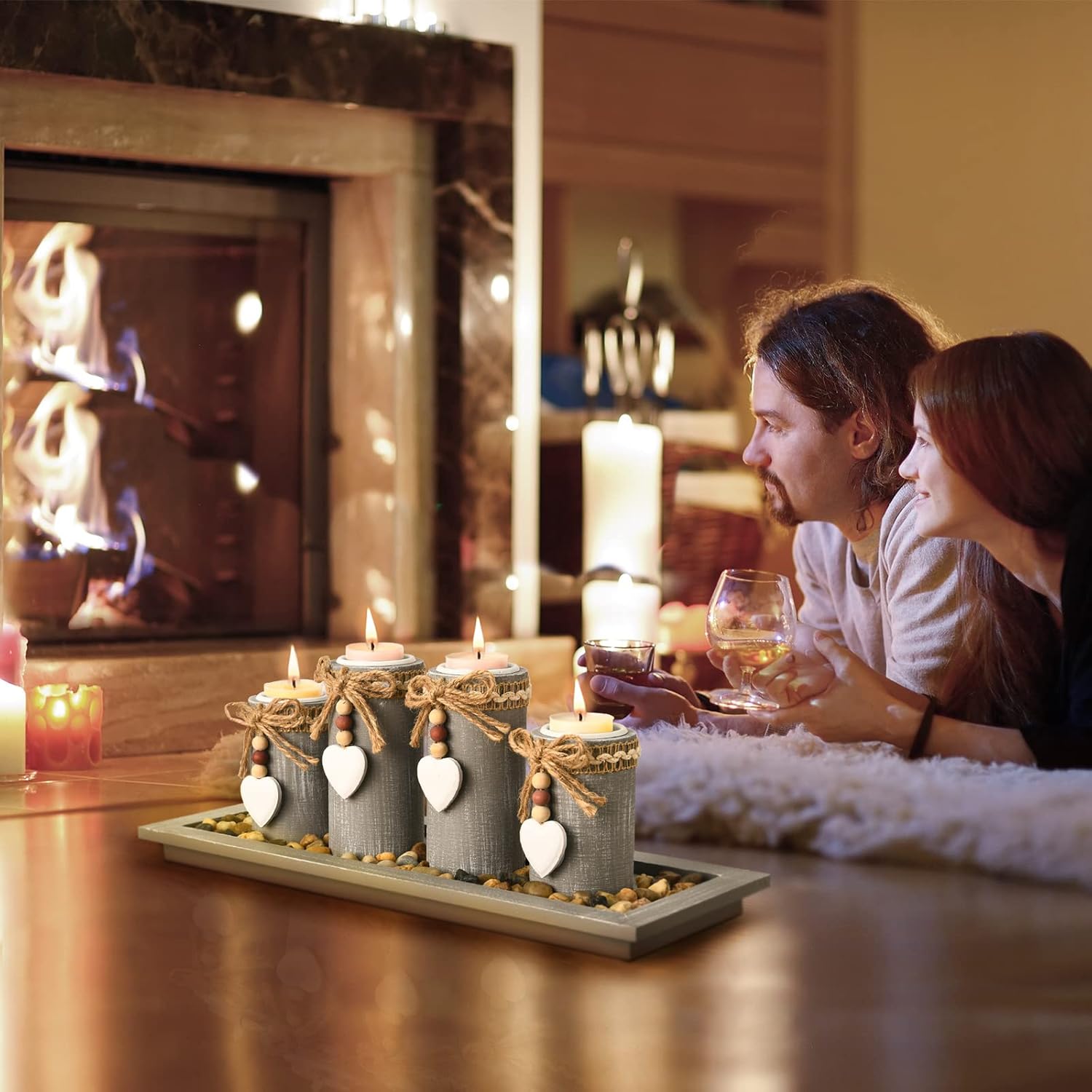 Wooden Candle Holder Set of 4 with Tray