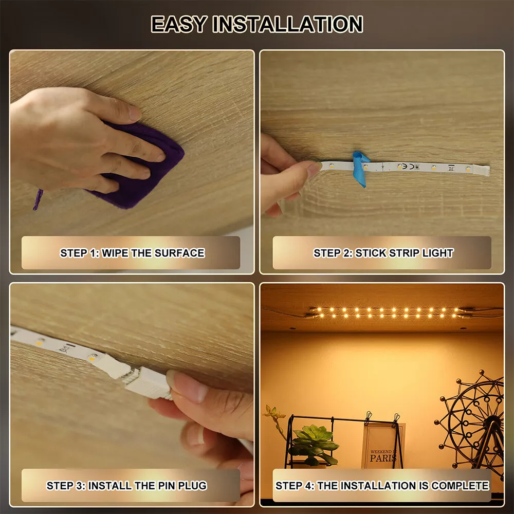 LED Strip Lights Under Cabinet - 4 Pack, Plug-In Linkable for Kitchen, Cupboard & Counter Lighting
