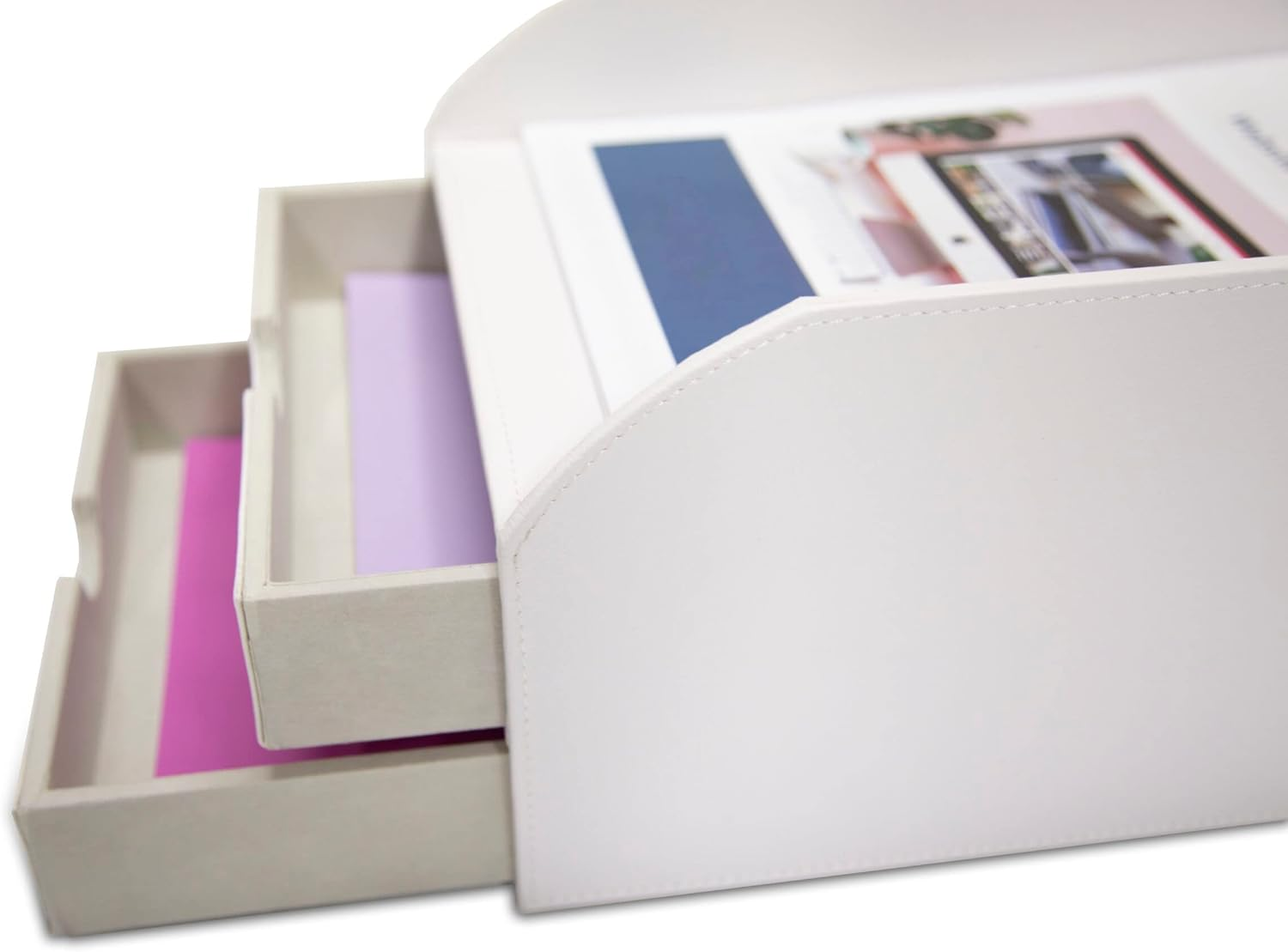 Faux Leather 2-Tier Letter Tray Organiser – White Desk Paper Sorter, Pack of 2
