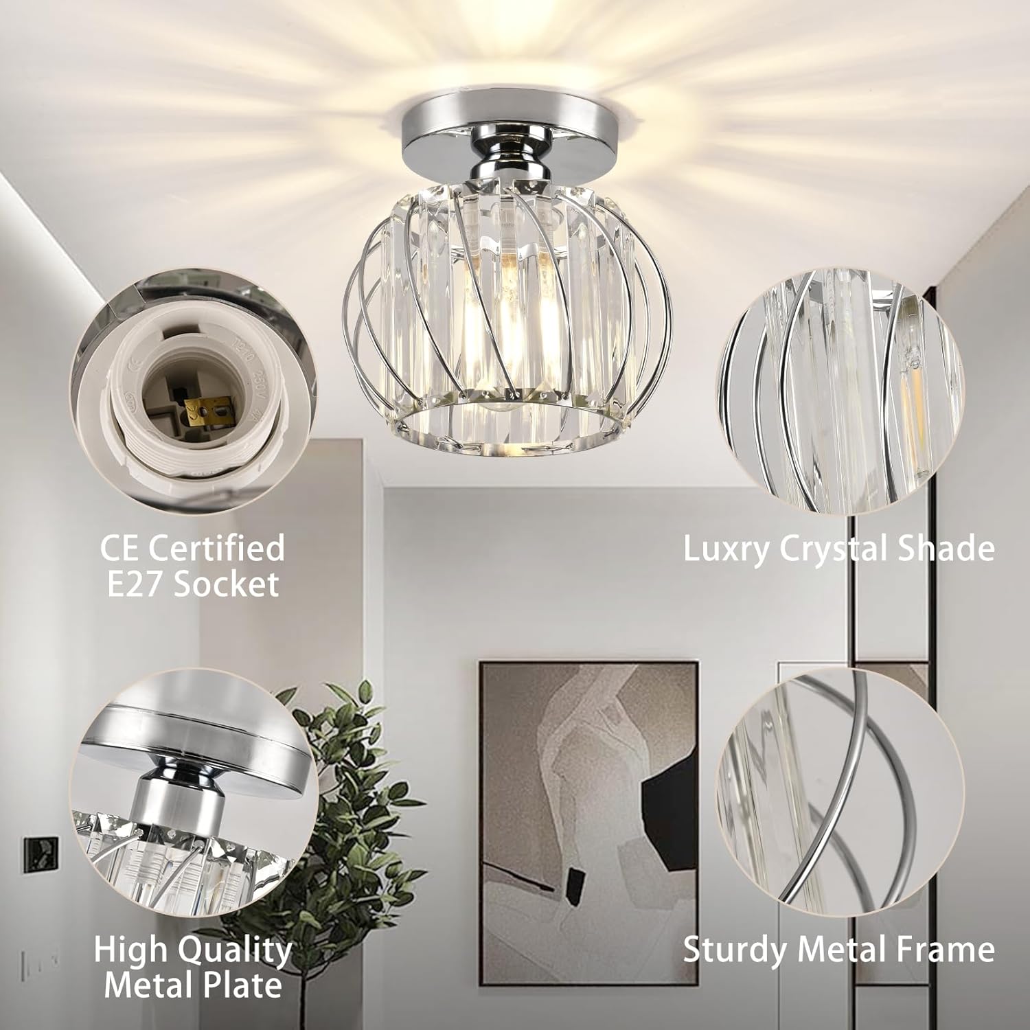 Modern Crystal Semi Flush Ceiling Light, Chrome Mini Fixture