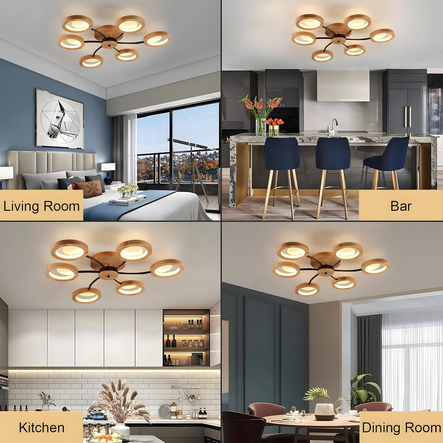 94cm LED Wooden Ceiling Light – Dimmable with Remote, Flower Design