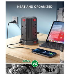 8-Way Tower Extension Lead with 4 USB Ports, 13A 3250W Power Strip, 2M Cable