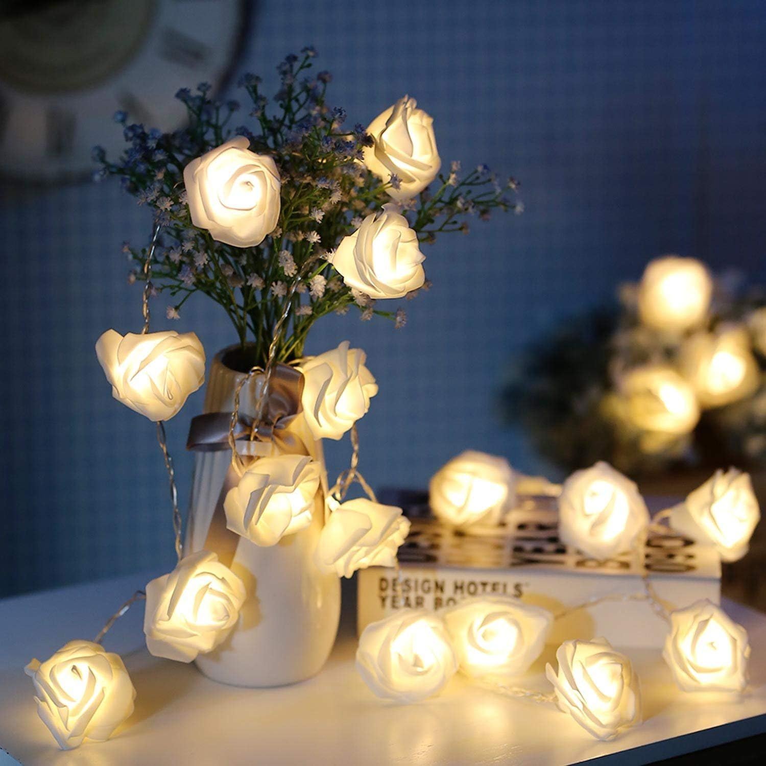 LED Rose String Lights – 20 Warm White Fairy Flowers