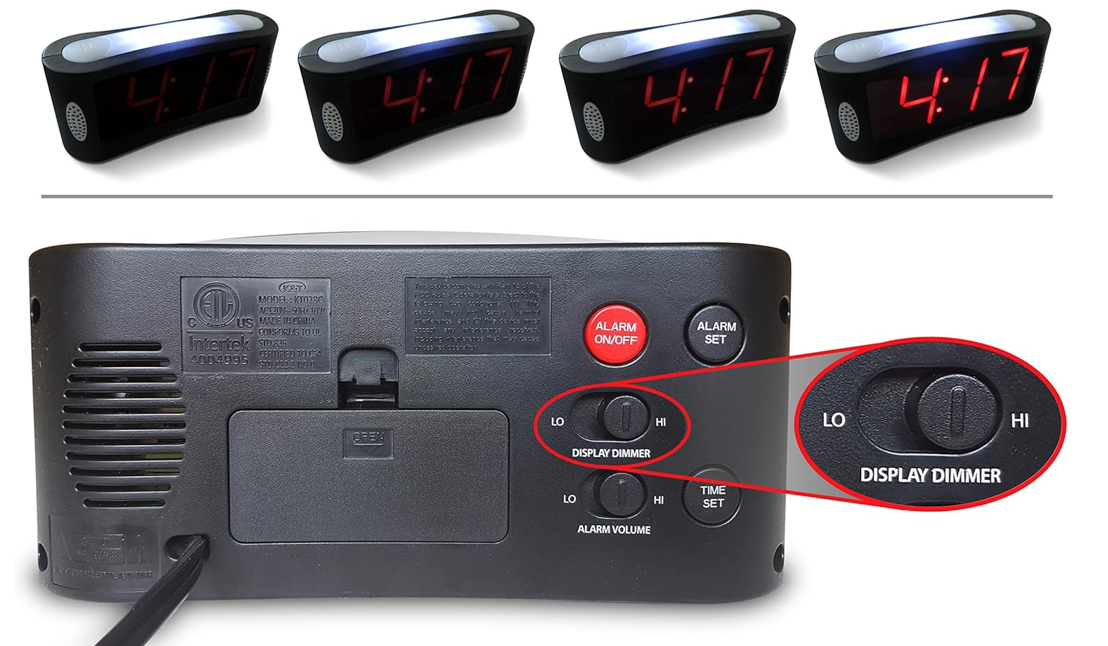 Simple LED Digital Alarm Clock with Snooze & Full Brightness Dimmer (Red)