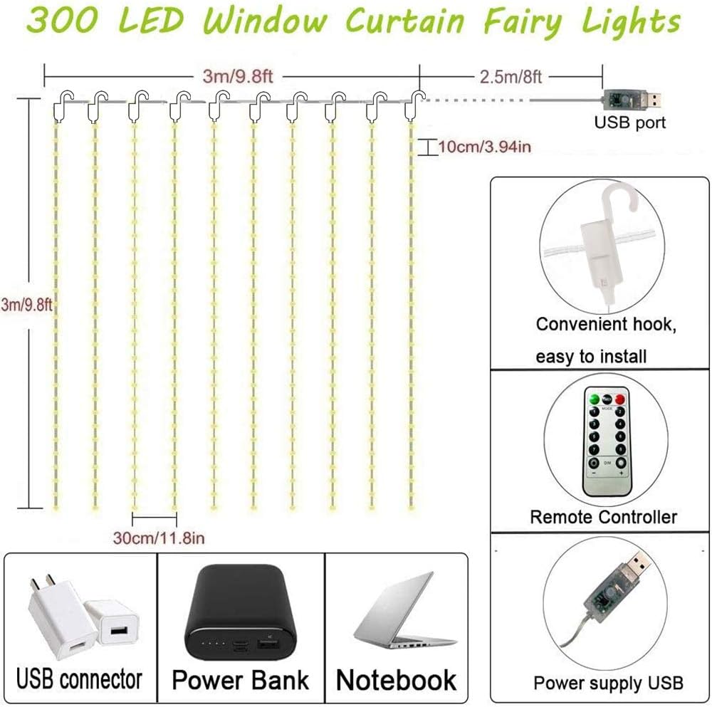 300 LED USB Curtain Lights – 8 Modes, Waterproof, Remote