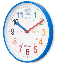 Kids Teaching Wall Clock, Blue Quartz Clock with Rainbow Dial & Quarter Markers