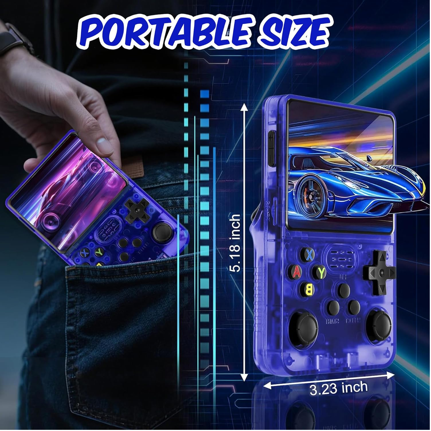 Retro Handheld Game Console 64GB 20,000+ Games, 3.5" IPS Screen, Blue