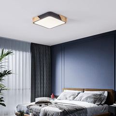 Black Flush LED Ceiling Light - 24W, Modern Wooden Square Design for Bedroom, Lounge, Hallway