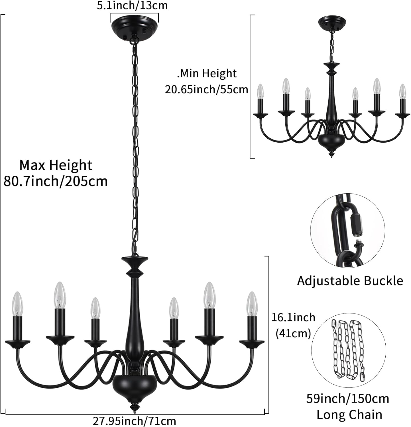 6-Light Black Chandelier – E14 Ceiling Light for Living Room, Dining, Bedroom, Kitchen