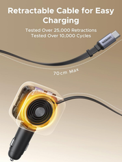 90W Retractable Car Charger – 3-Port Fast USB Car Adapter with 60W Cable for iPhone, Galaxy, iPad & Laptops