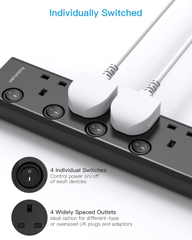4-Way Extension Lead with 4 USB Ports (2 USB-C), 1.8M Cable & Individual Switches