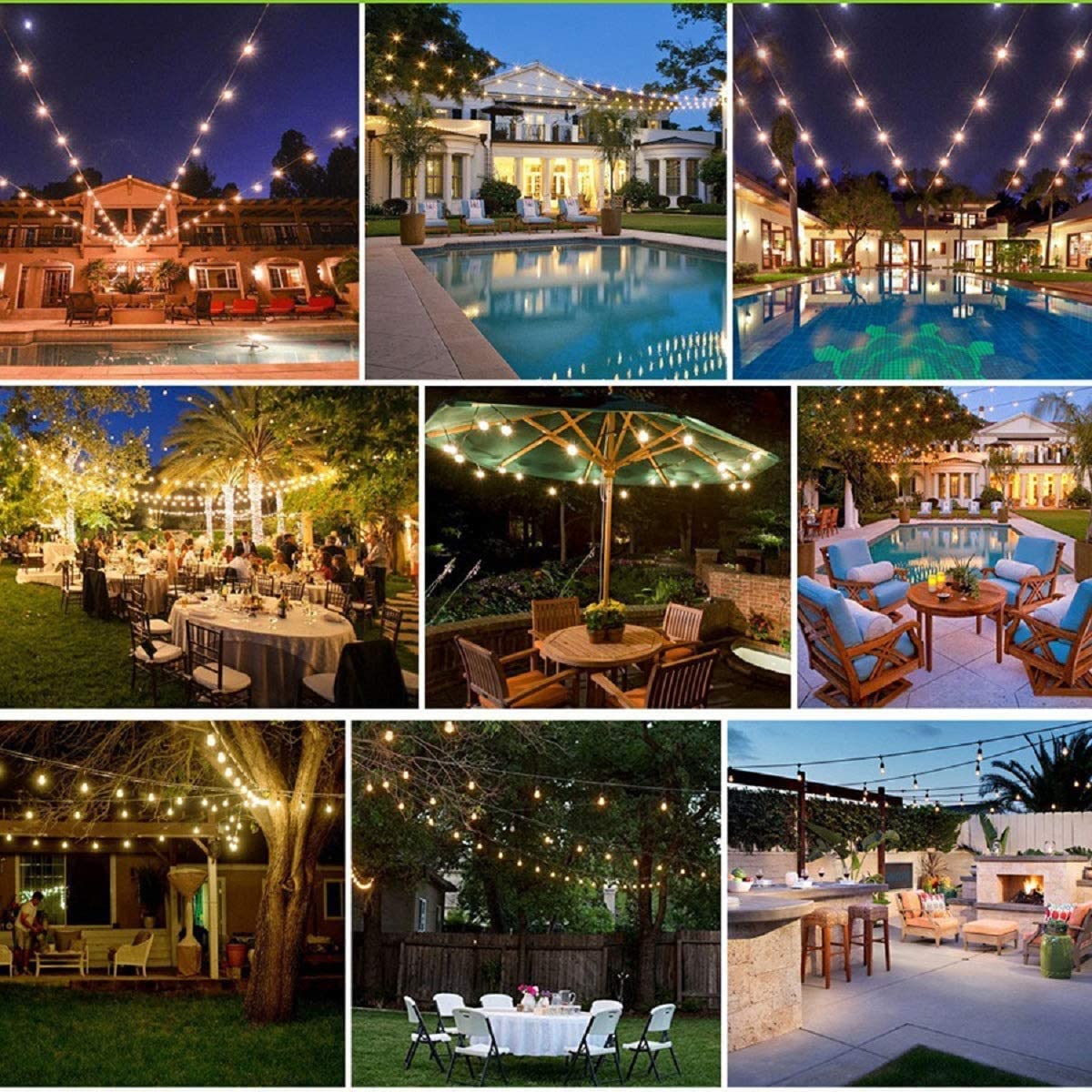48FT Outdoor LED String Lights, S14 Festoon Lights with 15 E27 Sockets, IP65 Waterproof, 2700K Warm White for Garden, Patio, Party