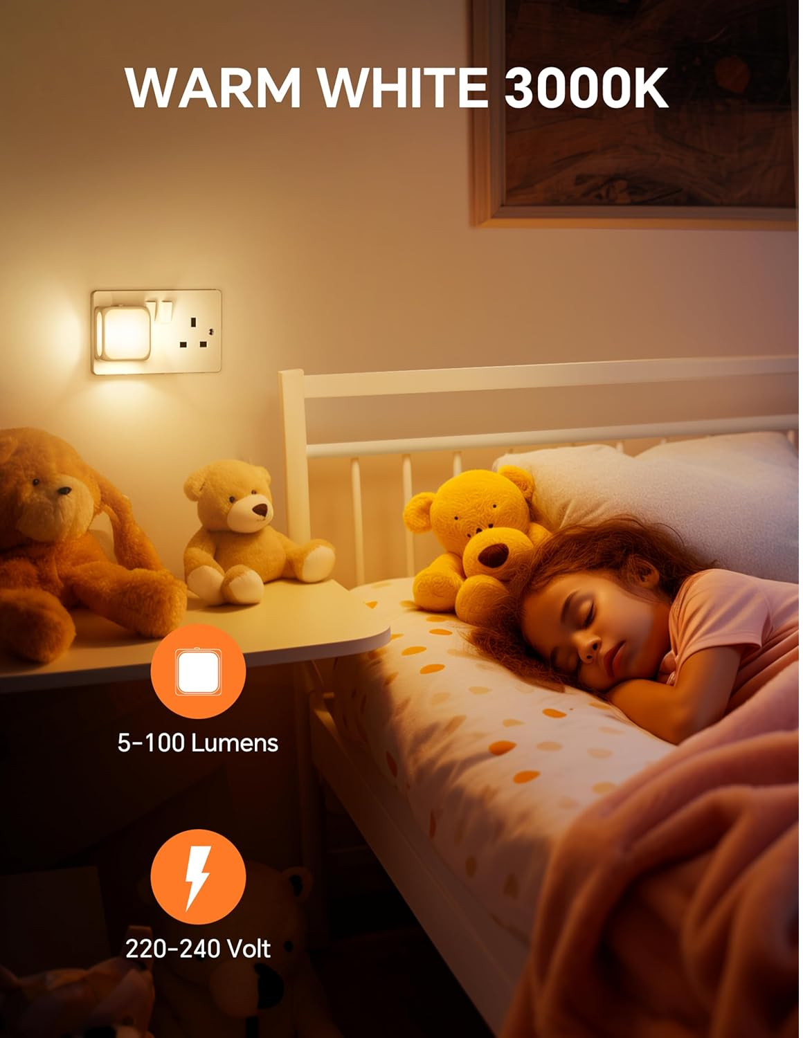 Plug-in LED Night Light with Dusk to Dawn Sensor, Adjustable Brightness, 3000K Warm White (2 Pack)