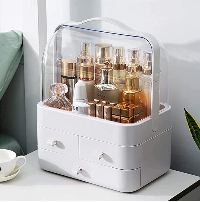White Makeup Organizer Box with Lid & Drawers for Vanity, Skincare & Cosmetics