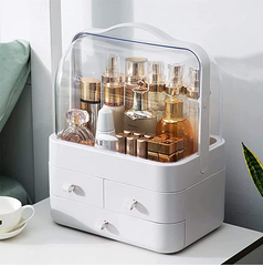 White Makeup Organizer Box with Lid & Drawers for Vanity, Skincare & Cosmetics