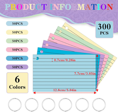 300 PCS Flash Cards 5x3 Inch with 6 Rings – Kraft Paper Revision Note Cards