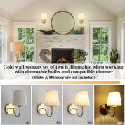 Set of 2 Gold Wall Lights – Vintage Indoor Sconces with Fabric Shade, E27 Compatible